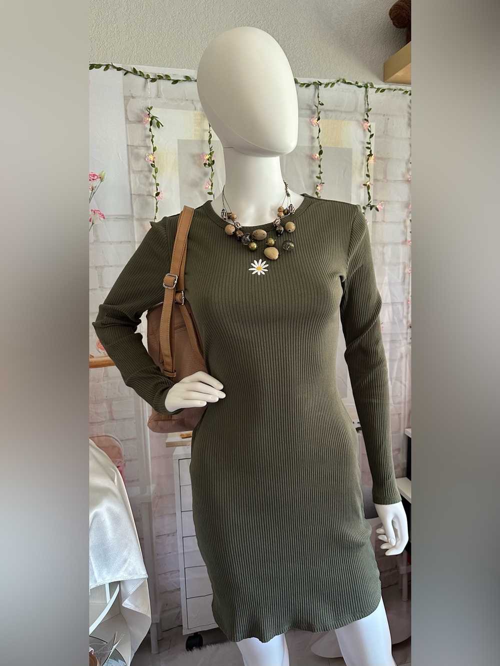 wild fable Olive Ribbed Long Sleeve Bodycon Dress with Daisy Patch
